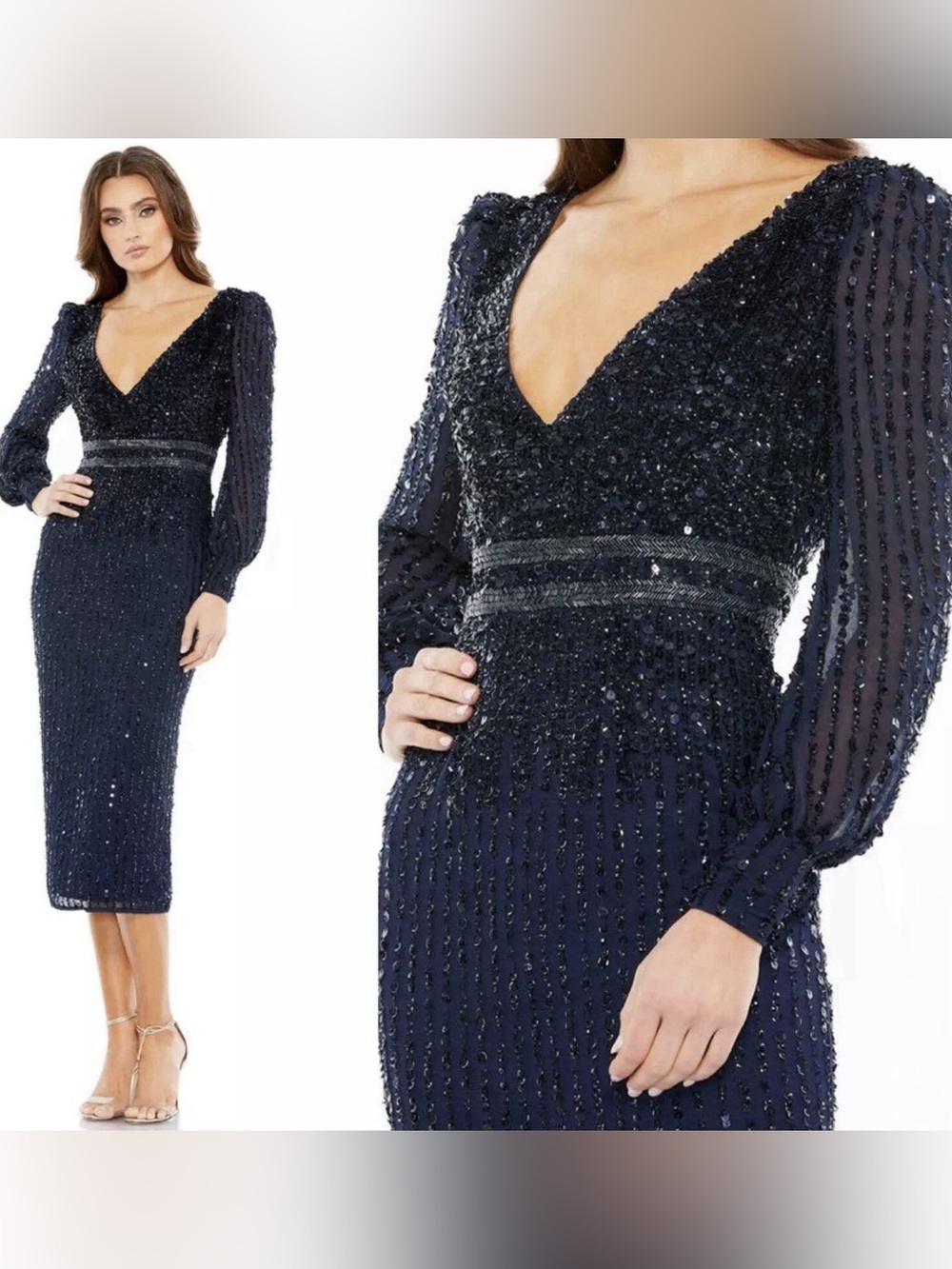 Mac Duggal Midnight Blue Black Sequin Midi Dress Style 93593 Sz 2 NWT